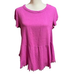 Umgee Women Linen Blend Fringe Hem Shirt Fuchsia Pink Size Small Peasant Spring